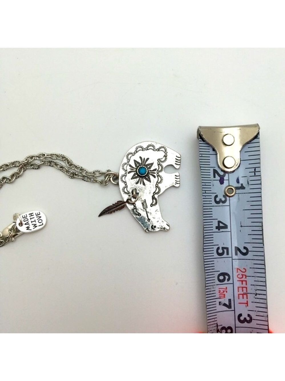 Antiqued Silver Bear Pendant Turquoise Accent Necklace - Picture 7 of 9